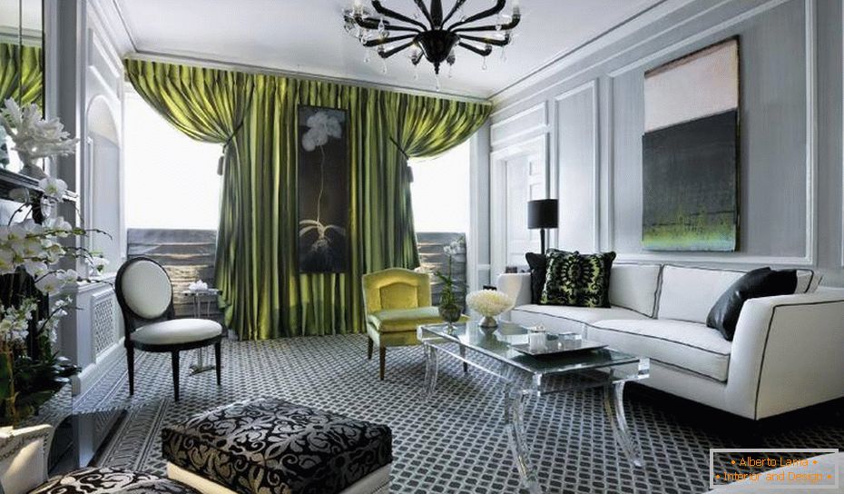 Green curtains in a gray interior