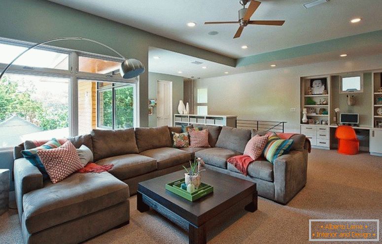 Living room with a gray corner sofa