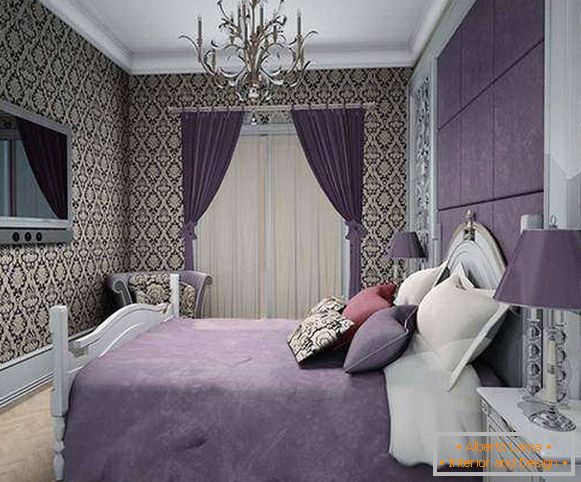 Bedroom in purple tones - photos with patterned wallpaper
