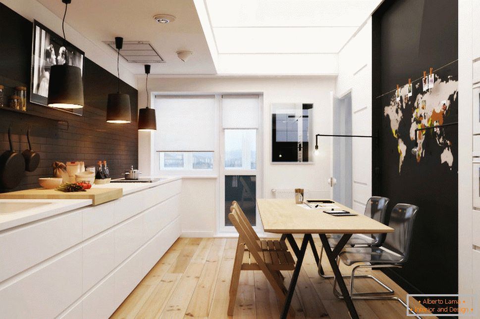 Black lamps above the kitchen countertop