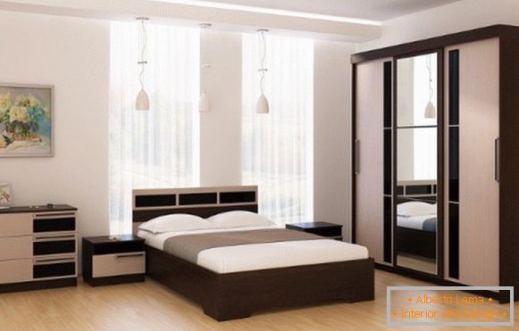 Modern design of the wardrobes of the compartment in the bedroom - two colors and a mirror