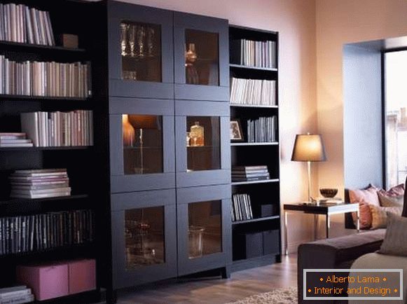 Bookcases with glass doors and open shelves