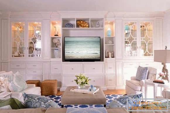 White cabinets showcases glass for living room