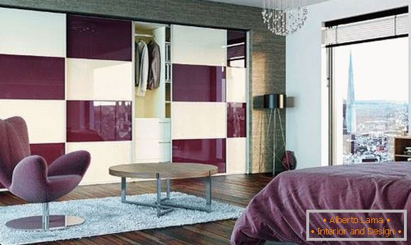 Bedroom in lilac color with built-in wardrobe