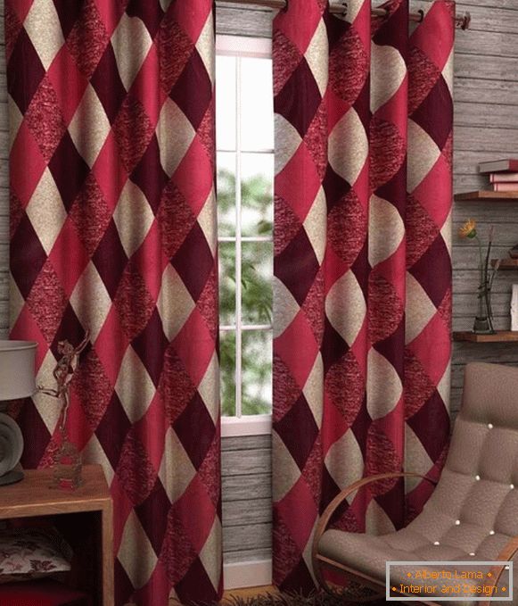 Red curtains on the eyelets in the living room in a modern style