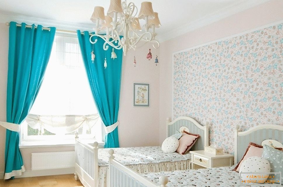 Turquoise curtains in a white room
