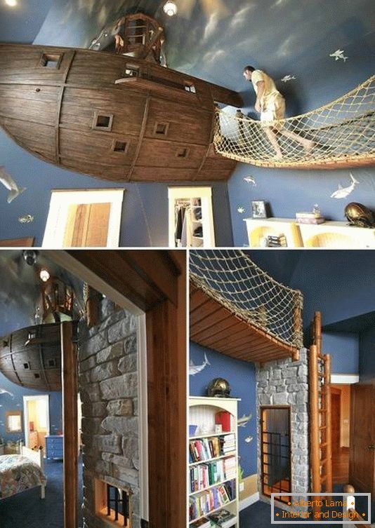 Children's room with a ship at the ceiling