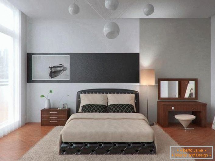 Bright bedroom in high-tech style in a city apartment. Interesting design of the chandelier.