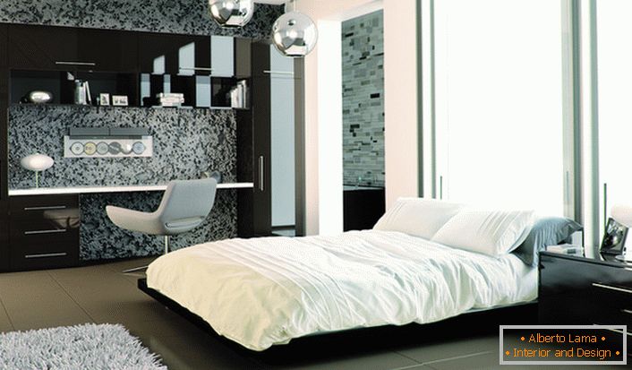In the design of the bedroom furniture with a glossy surface is successfully combined with frosted walls.