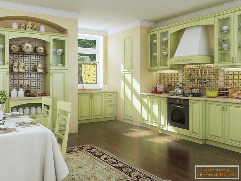 Gentle greenish shade of the kitchen