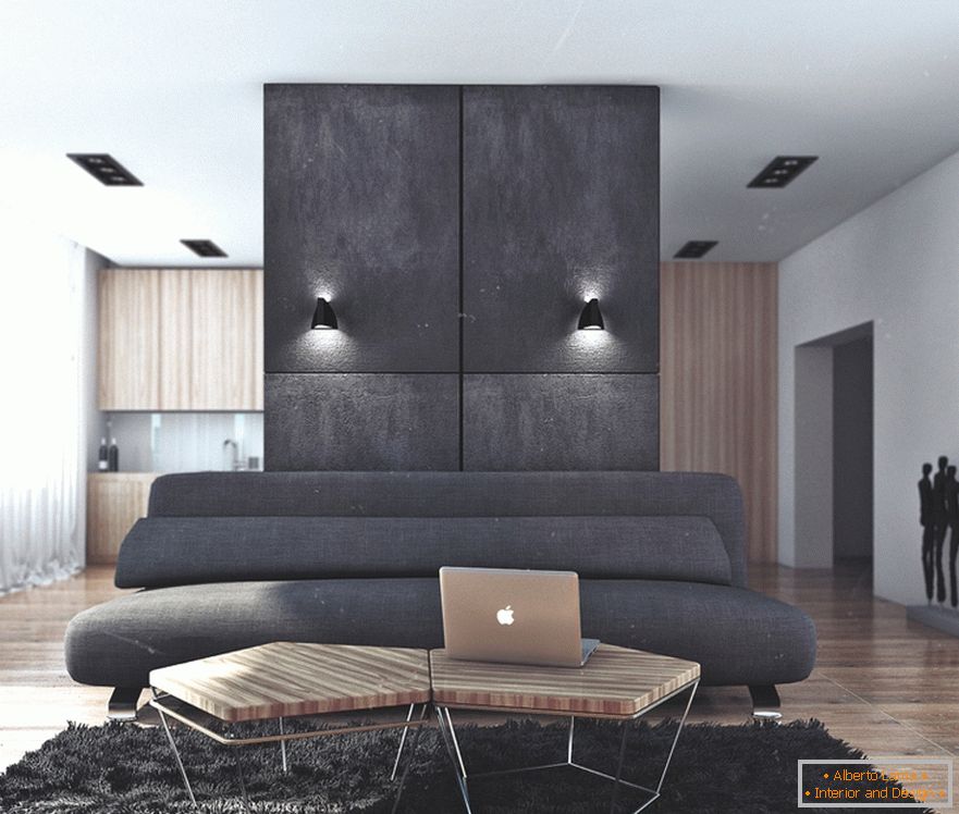 The combination of black and wood in the living room in an apartment for a successful bachelor in Russia
