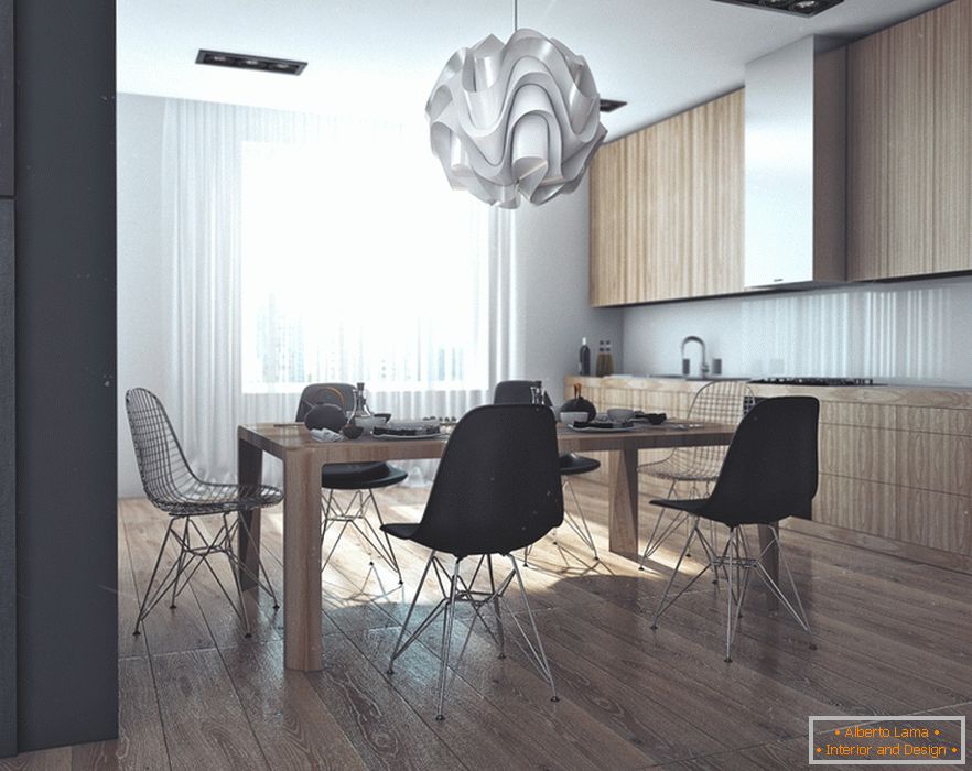 Wooden decoration of a dining room in an apartment for a successful bachelor in Russia