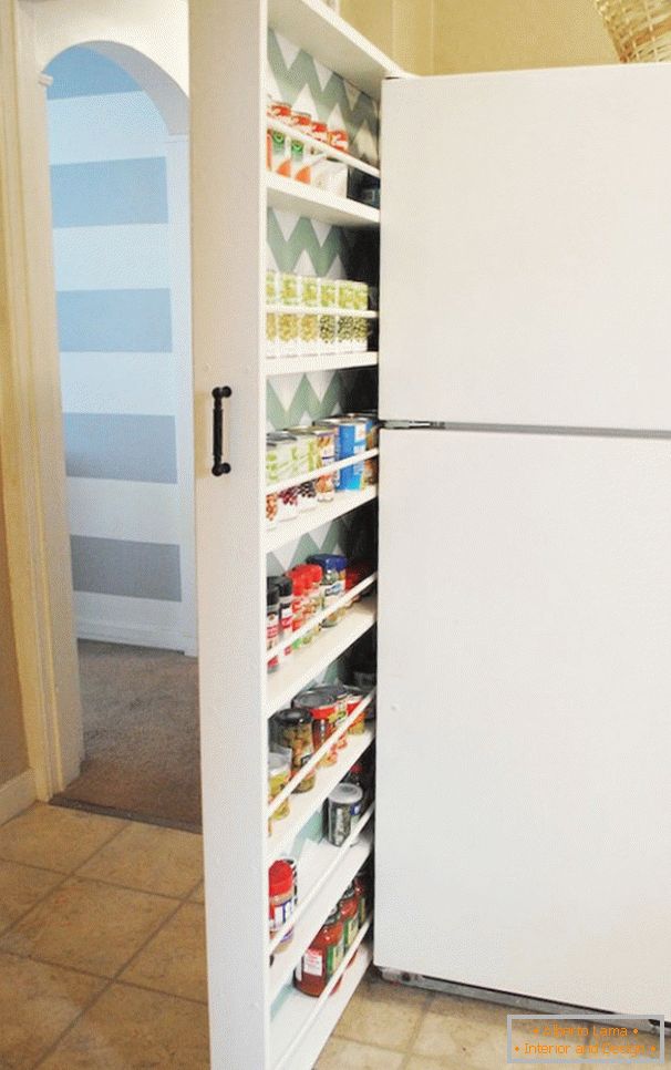 Retractable storage room behind the refrigerator