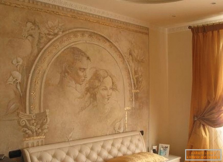 Decorating walls with decorative plaster - photo in the bedroom