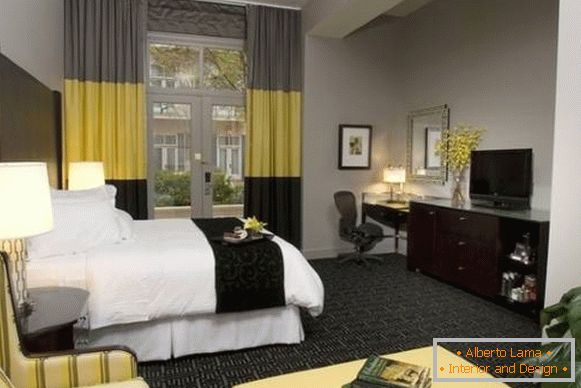 Design curtains for the bedroom - a photo in a wide horizontal strip