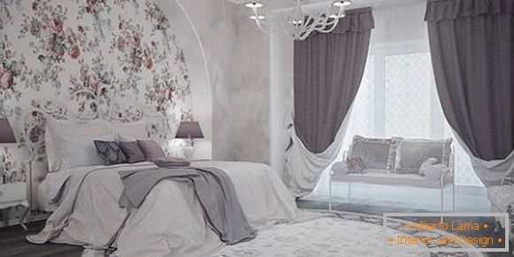 Modern lilac curtains in the bedroom - photo in the interior