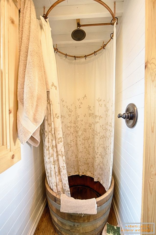 Wooden shower with curtain