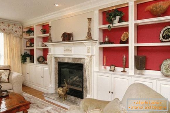Living room in white and red color