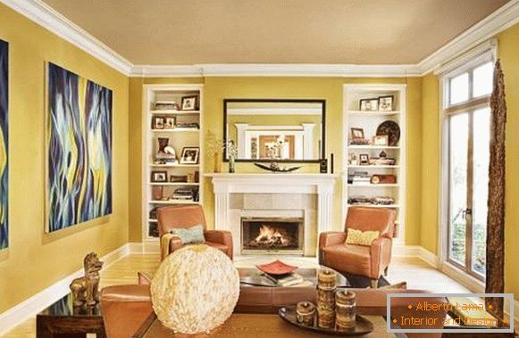 Stylish living room with yellow walls