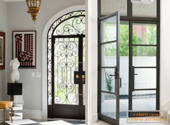 Glass entrance doors with metal trim
