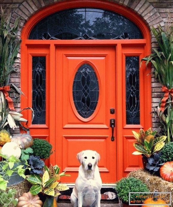 Red entrance doors to a private house