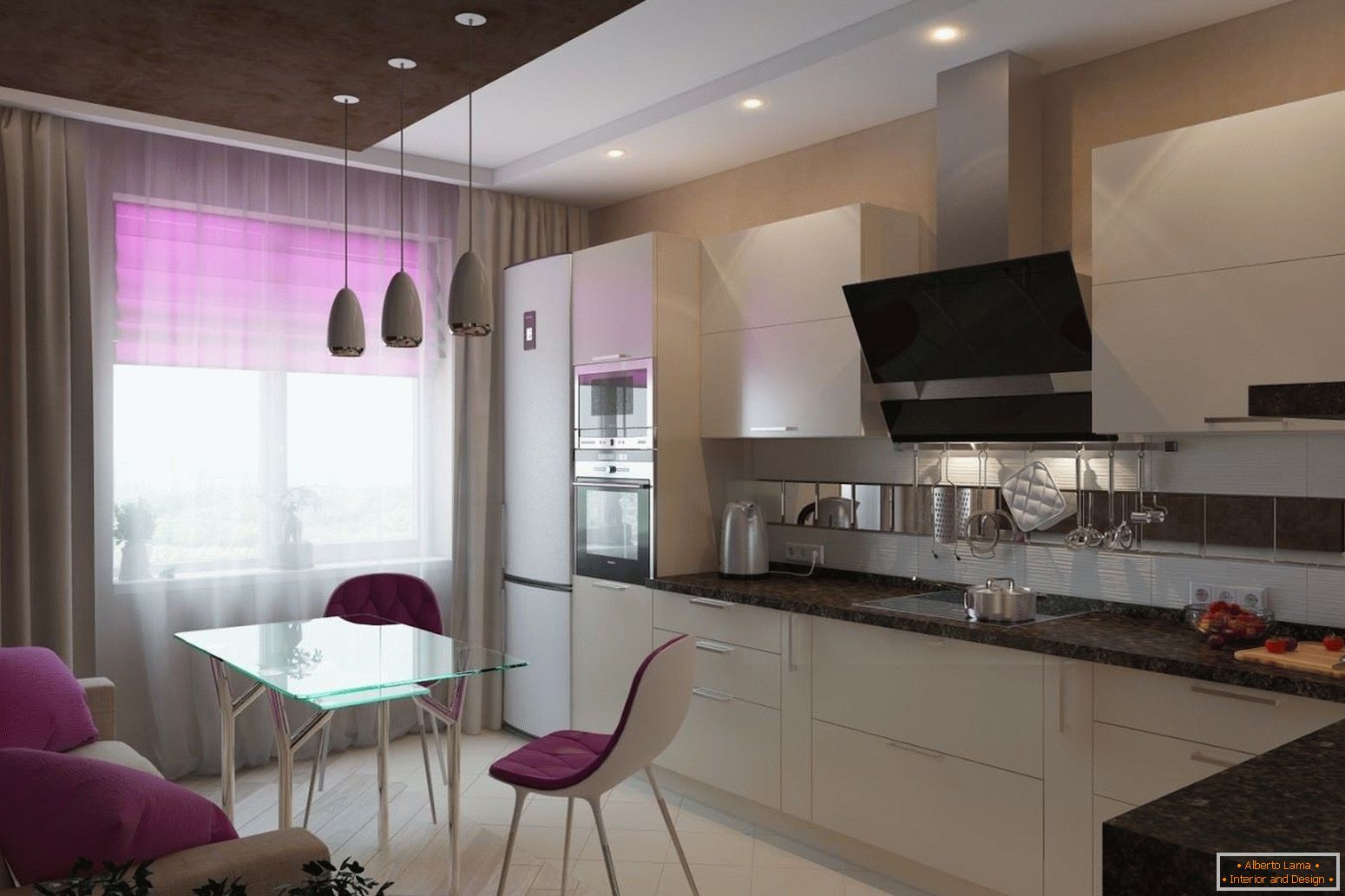 White kitchen with lilac elements of decor