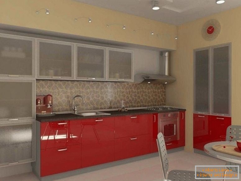 Kitchen with red wardrobes