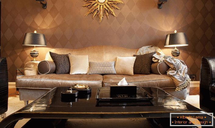 Luxurious living room in the style of art deco with properly selected lighting. The stylish furnishings are decorated with a kind of decorative detail resembling the sun. 