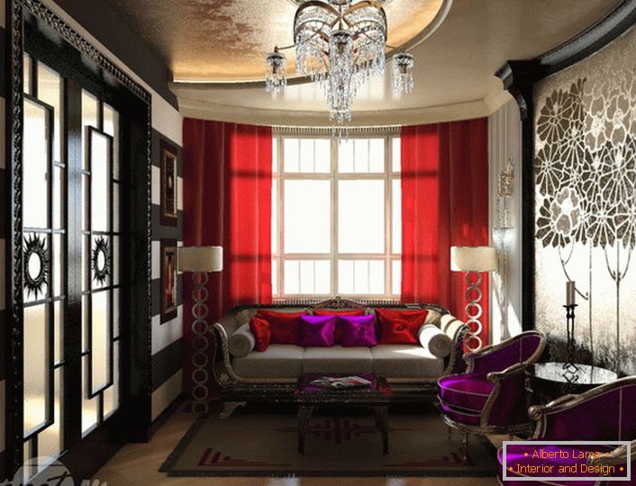 Lighting was selected in accordance with the requirements for the design of small rooms. The art deco style impresses with its pomposity and elegance. 