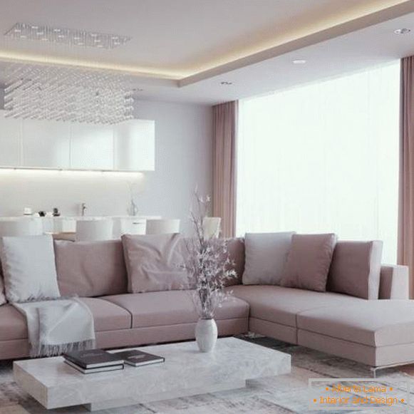 Interior of the living room in a modern apartment - a beautiful combination of colors
