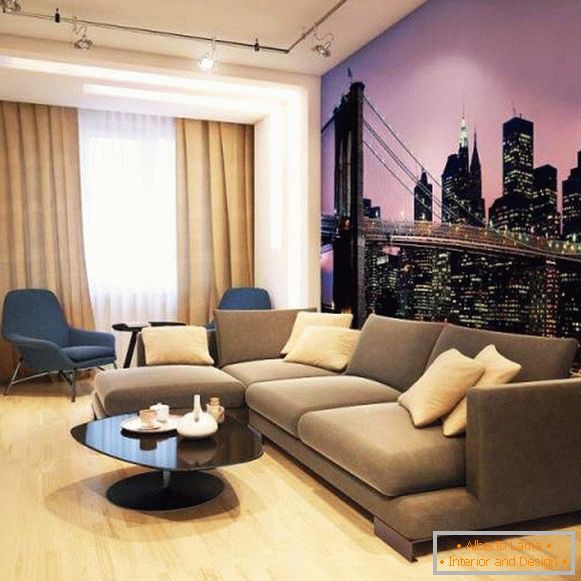The design of the living room in a small apartment - Khrushchev with wallpapers on the wall