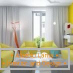 Yellow wall in a bright living room