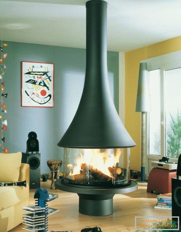 Fireplace in the center of the room