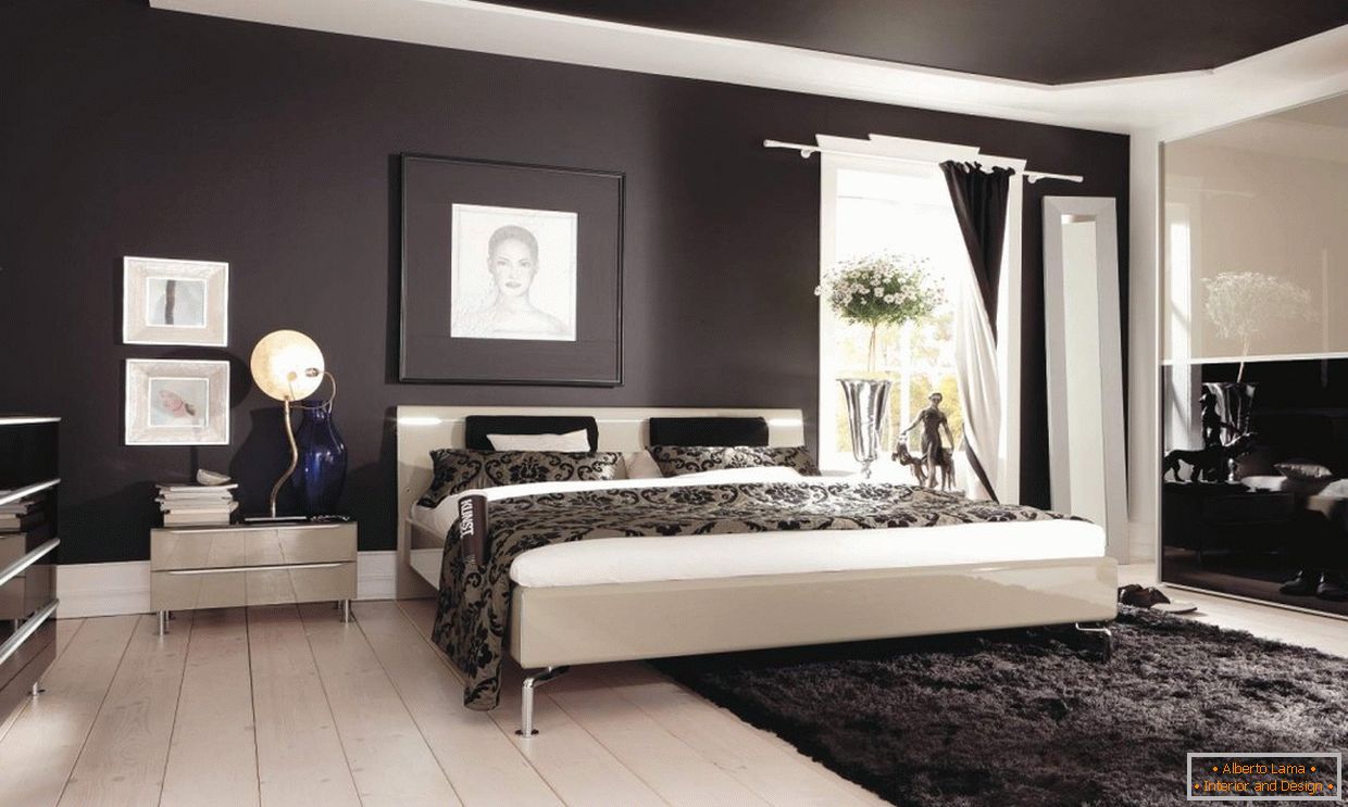 Bedroom design with dark ceiling