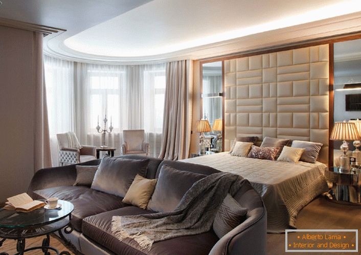 A spacious bedroom in the Art Deco style in an ordinary city apartment in Moscow.