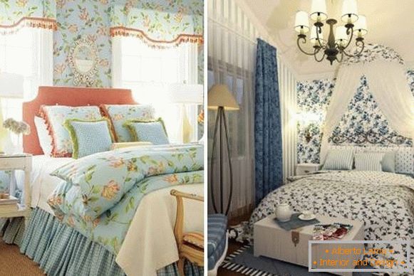 Curtains in the style of Provence for the bedroom - photo in combination with wallpaper