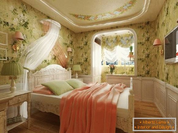 The combination of colors in the interior of the bedroom Provence - curtains and wallpaper