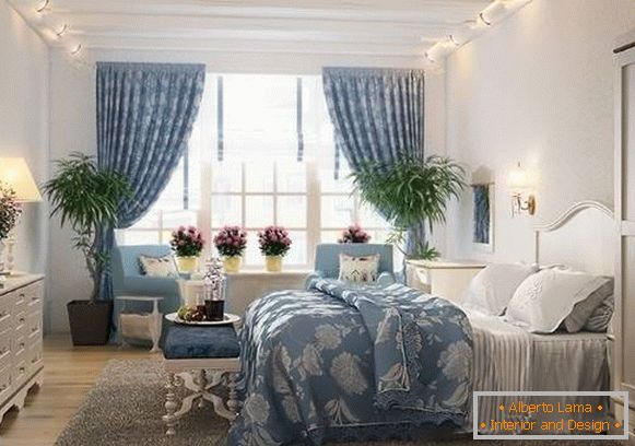 Romantic bedroom Provence - photo design in white and blue color