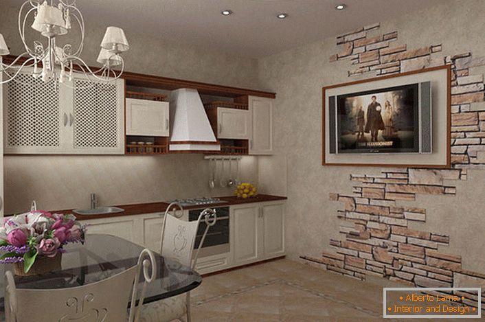 Design project for the design of a small kitchen in country style. Light furniture colors in contrast dark brown countertop and hanging shelves make the kitchen visually more spacious. Interesting is also the decoration of the wall with the help of natural stone.