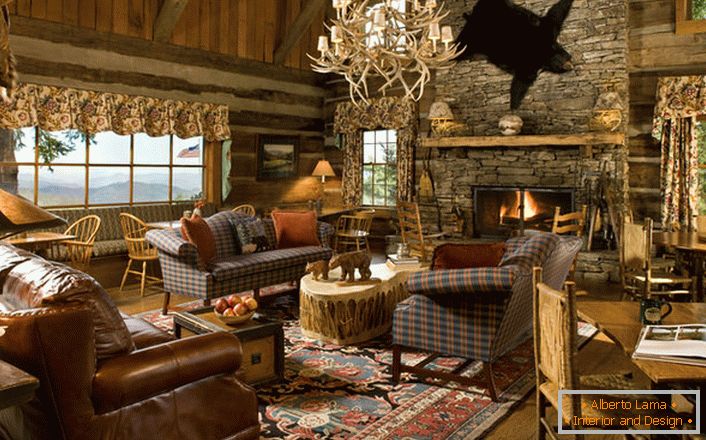 Living room in a hunting house in country style. The style is characterized by slight negligence in the design. 
