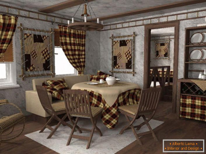 Living room in country style. Curtains, a tablecloth, pillowcases on pillows, elements of a wall panel are executed from the same type of fabric in a cage. 