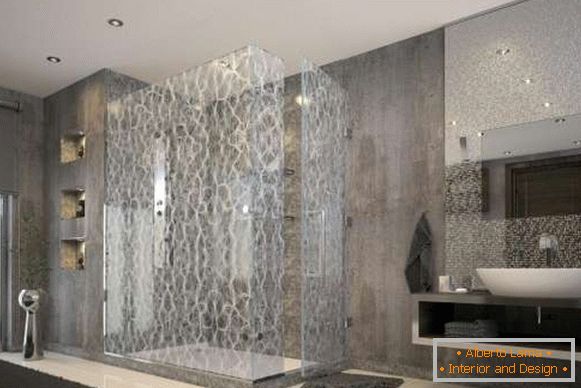 Glass doors for a shower with a picture - photo in the interior