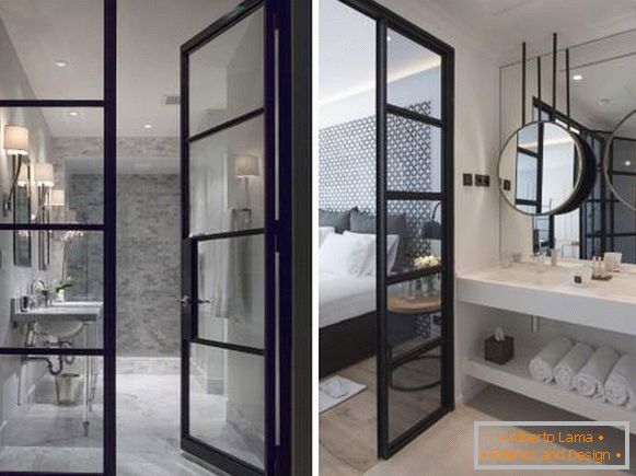 Stylish glass doors for bathroom in black frame made of metal