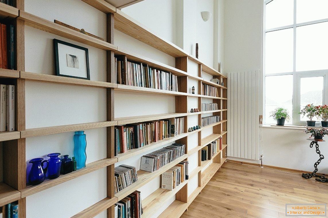 Long wooden bookshelves