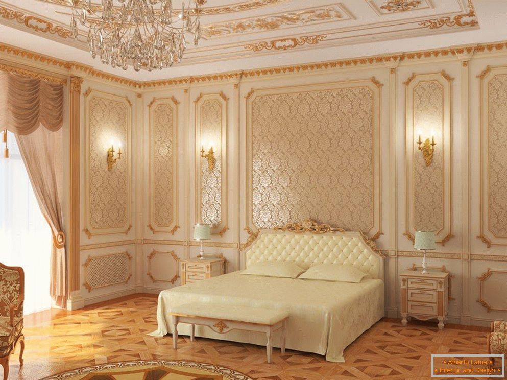 White ceiling and bedroom walls with gold patterns