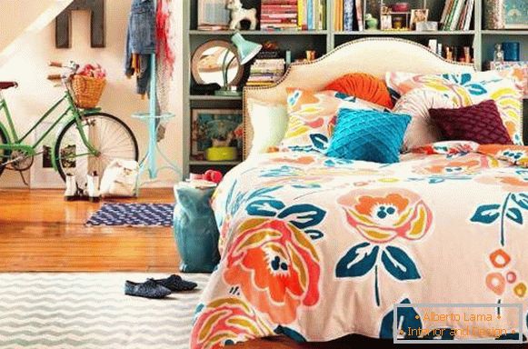 Bright bedroom of a girl in the style of a boho - photo