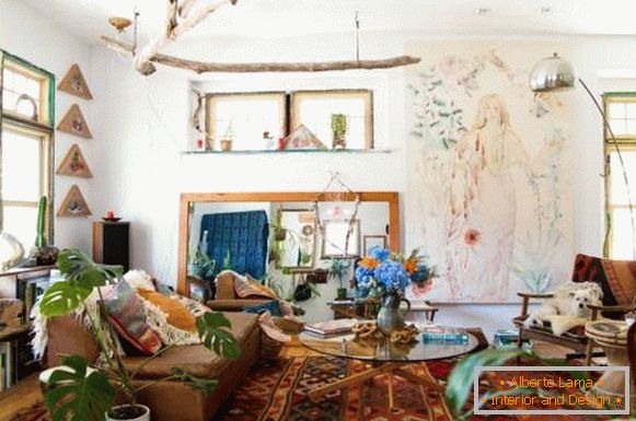 The design of the living room in the style of boho chic in the interior