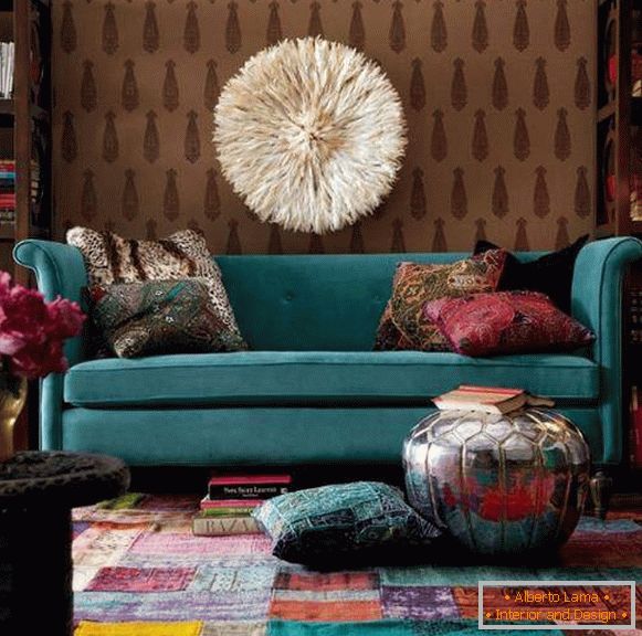 Bright décor in Boho style in the interior of the living room
