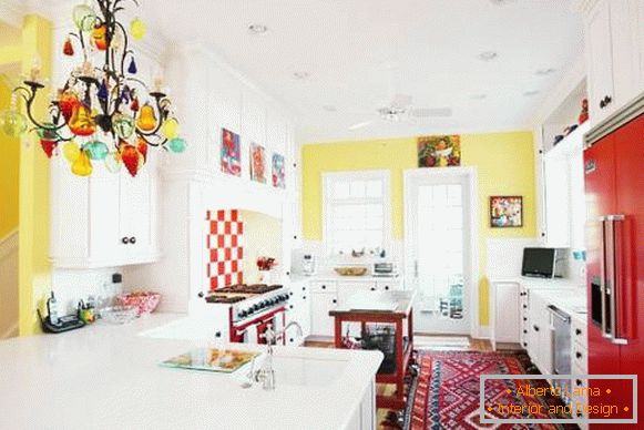 The yellow interior of the kitchen in the style of bokho