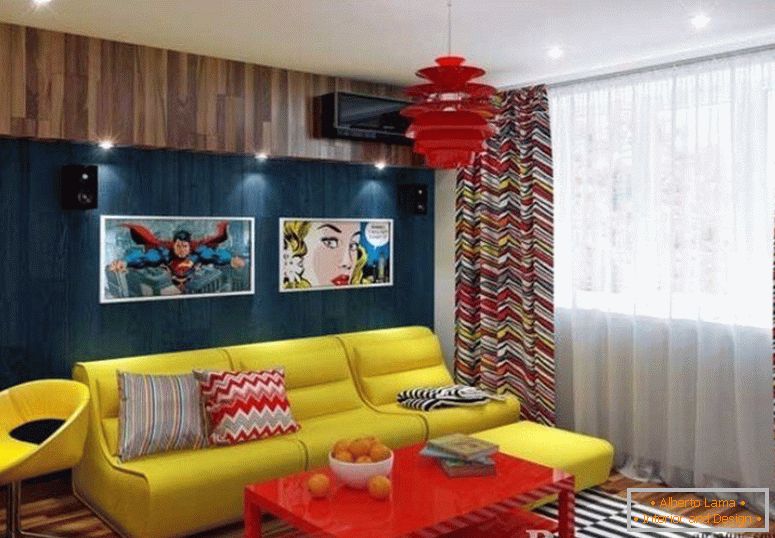 The combination of yellow and red furniture in the room